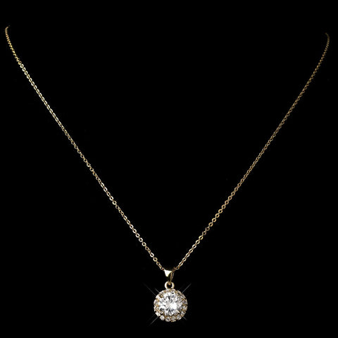 Gold Clear CZ Crystal Pave Pendant Bridal Wedding Necklace 9398