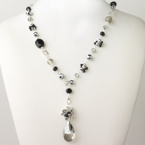 Silver Smoke Black Diamond Faceted Glass Fashion Bridal Wedding Necklace 9507
