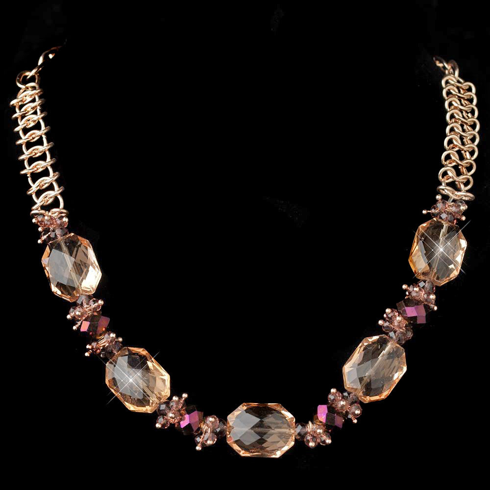 Gold Peach Faceted Chunky Glass Cut Fashion Bridal Wedding Necklace 9517