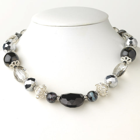 Silver Black & Hematite Faceted Cut Glass Fashion Bridal Wedding Necklace 9519