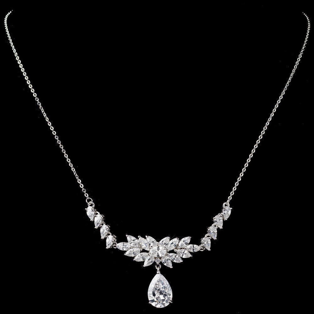 Rhodium Clear Marquise & Pear CZ Cluster Drop Bridal Wedding Necklace