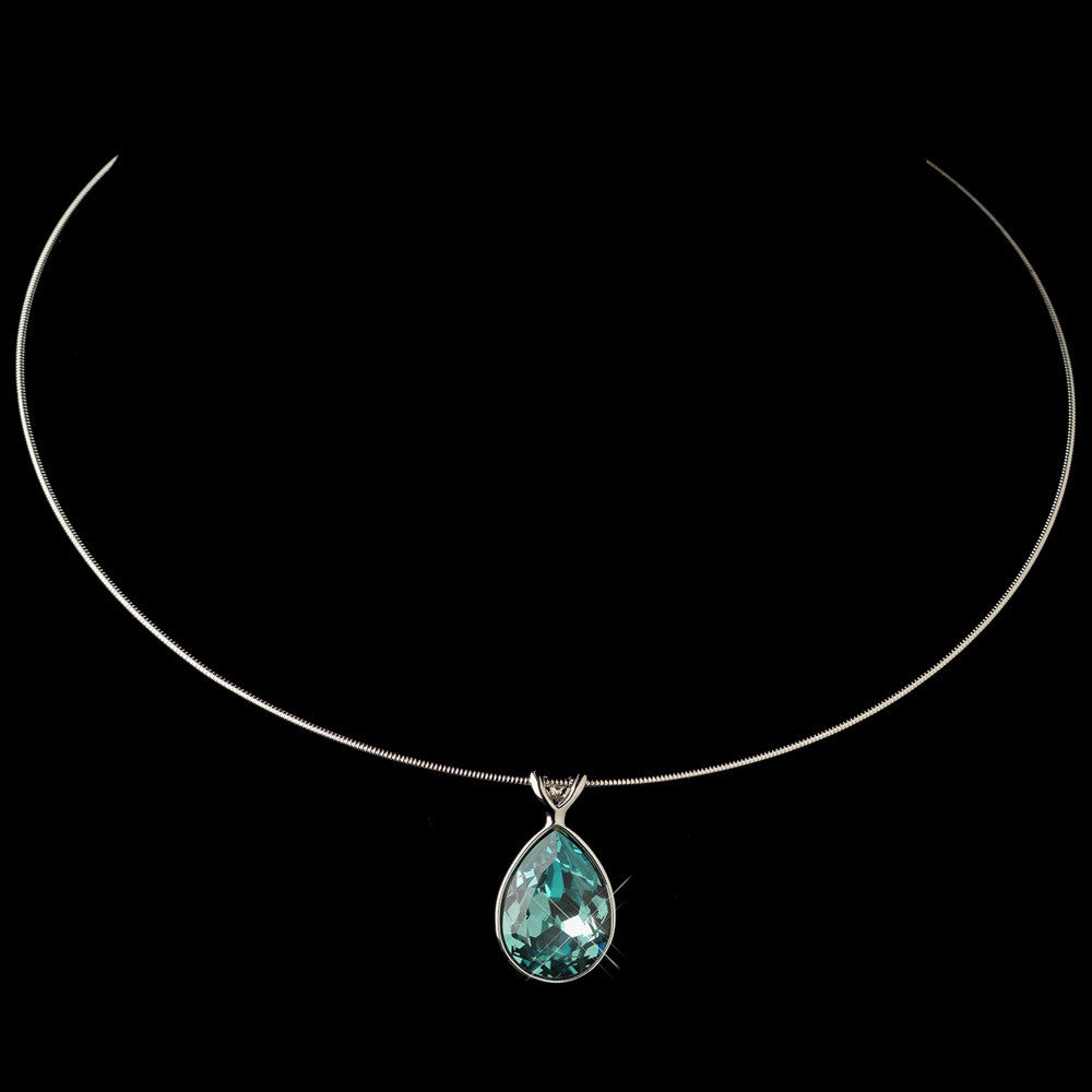 Silver Aqua Swarovski Crystal On Wire Teardrop Pendant Bridal Wedding Necklace 9604