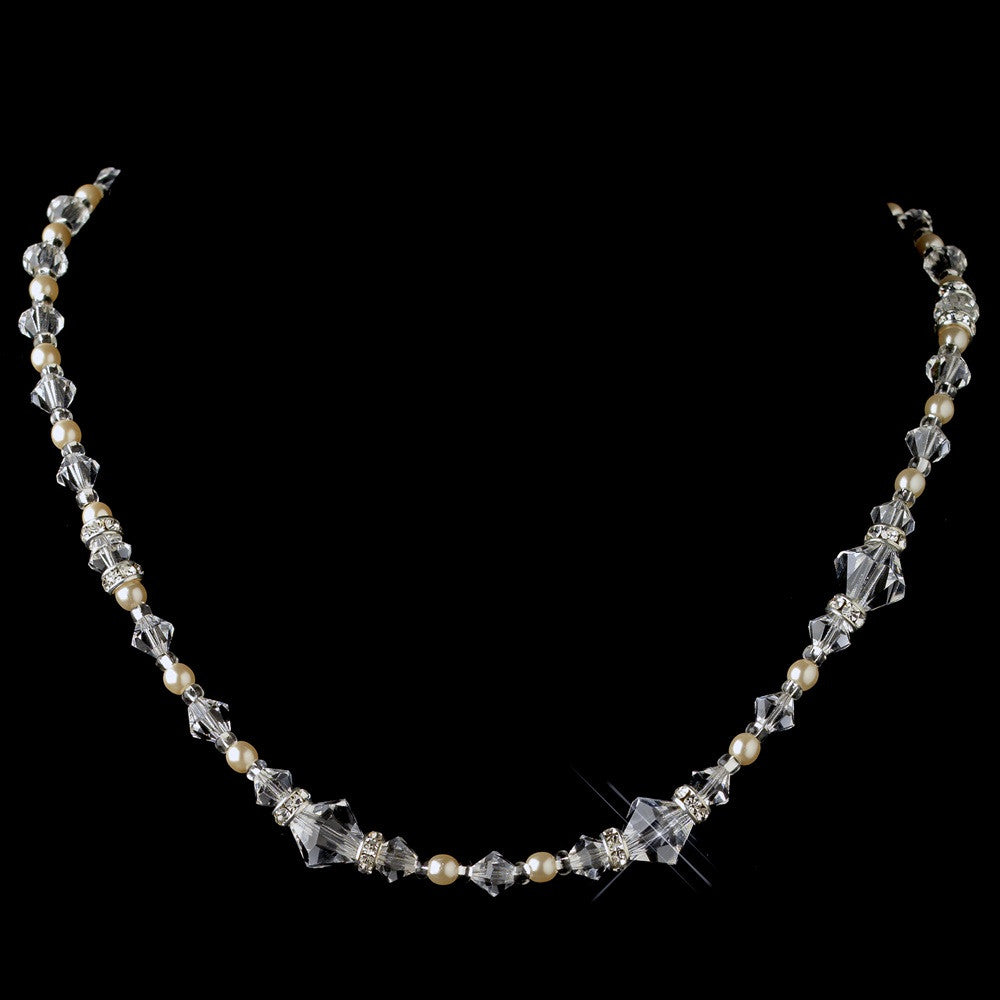 Silver Ivory Pearl, Swarovski Crystal & Rondelle Bridal Wedding Necklace 9713