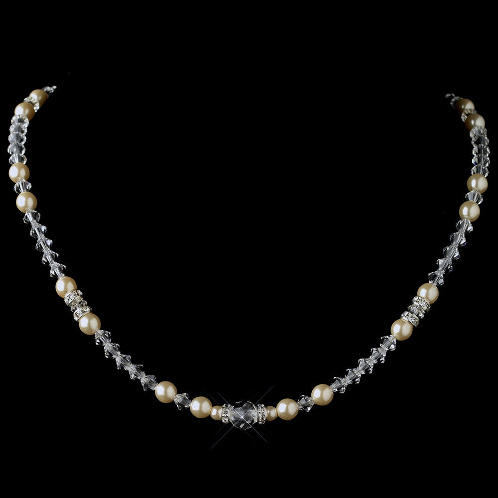 Silver Ivory Pearl, Rhinestone & Rondelle Bridal Wedding Necklace 9717