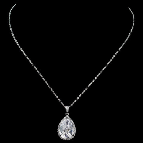 Rhodium Large CZ Teardrop Pendant Bridal Wedding Necklace 9850