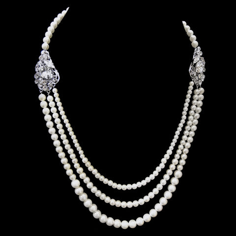 Antique Rhodium Silver 3 Rows Ivory Pearl Bridal Wedding Necklace 9859
