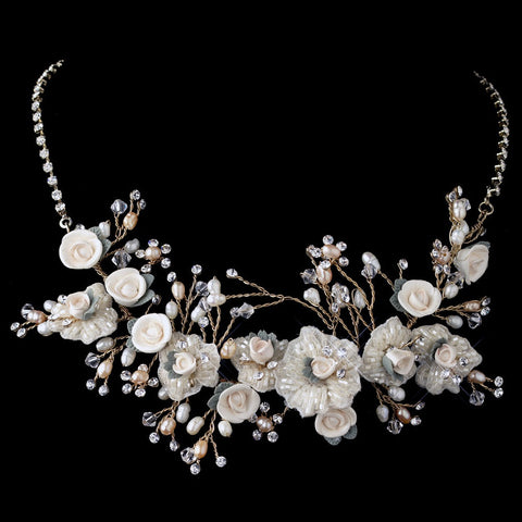 Gold Rum Freshwater Pearl, Swarovski Crystal, Rhinestone, Bead, Porcelain Rose Bridal Wedding Jewelry Set 9901 9904