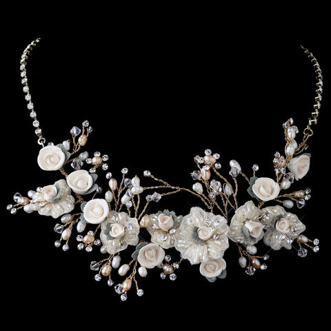 Gold Rum Freshwater Pearl, Swarovski Crystal, Rhinestone, Bead, Porcelain Rose Bridal Wedding Necklace 9901