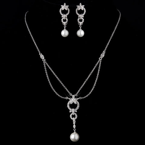 Antique Silver Ivory Pearl Drop & Clear CZ Crystal Bridal Wedding Necklace & Earrings Bridal Wedding Jewelry 9956