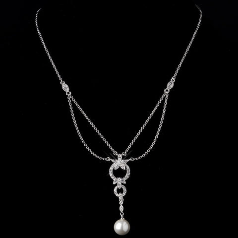 Antique Silver Ivory Pearl Drop & Clear Crystal Bridal Wedding Necklace 9956