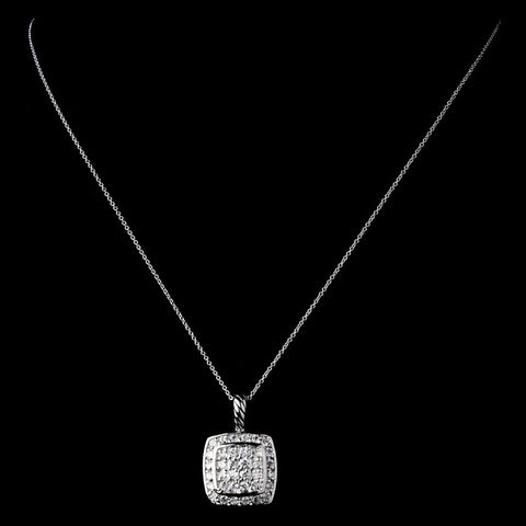 Solid 925 Sterling Silver CZ Crystal Square Pave Pendent Drop Bridal Wedding Necklace 9989
