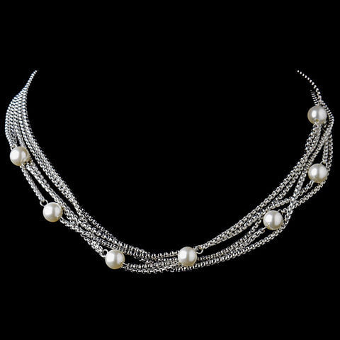 Vintage Silver White Pearl Multi Chain Bridal Wedding Necklace 9992