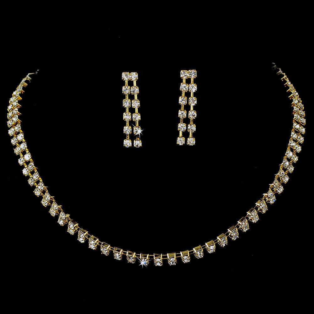 Glistening 2 Row Gold Clear Rhinestone Choker Bridal Wedding Necklace & Earring Set 10024