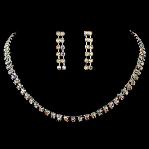 Glistening 2 Row Silver AB Rhinestone Choker Bridal Wedding Necklace & Earring Set 10024