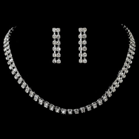 Glistening 2 Row Silver Clear Rhinestone Choker Bridal Wedding Necklace & Earring Set 10024