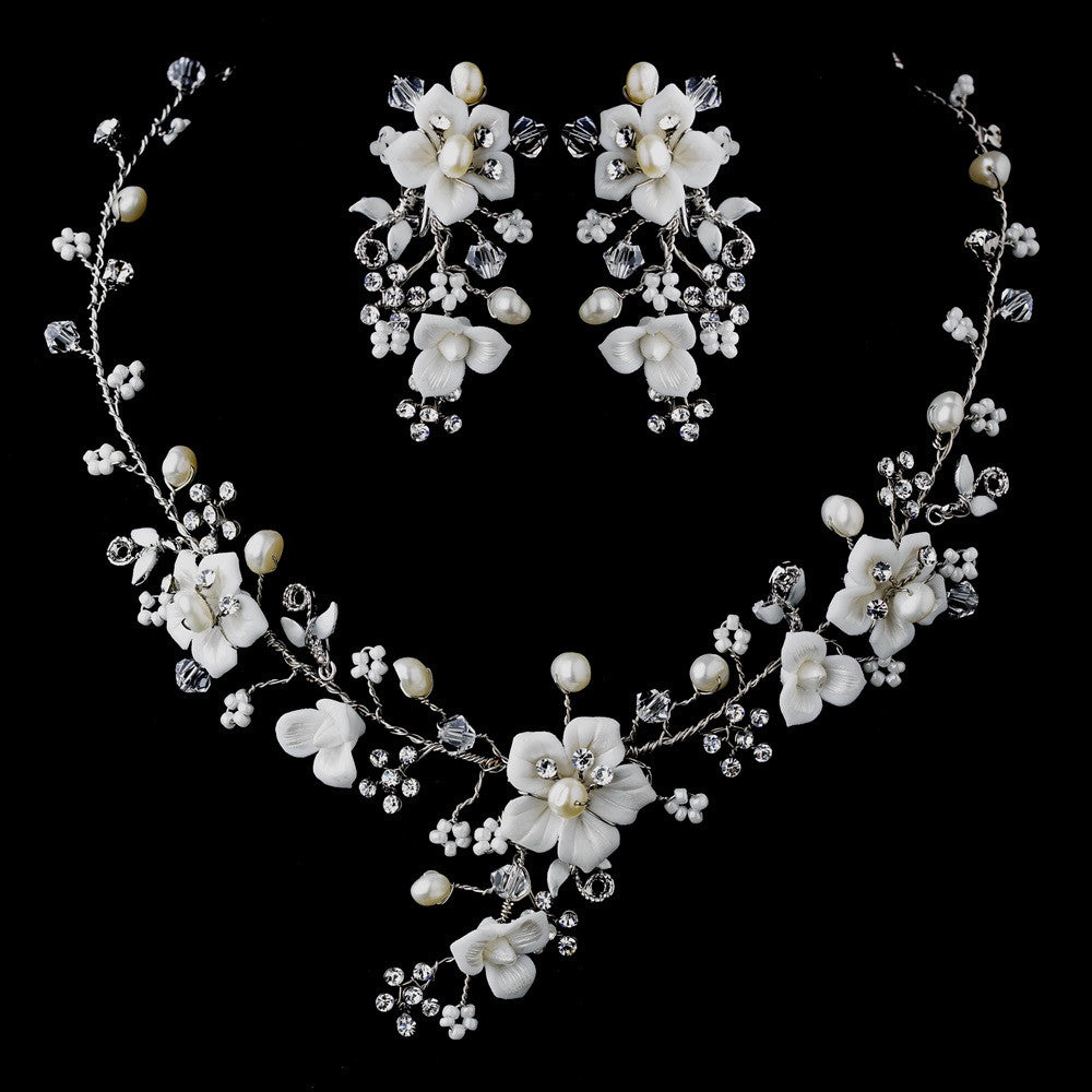 Silver/Rhodium Bridal Wedding Necklace & Hair Clip On Earring Set 1014