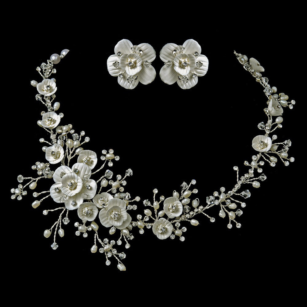 Beautiful Crystal, Porcelain & Pearl Bridal Wedding Silver and Gold Jewelry Set NE 1015