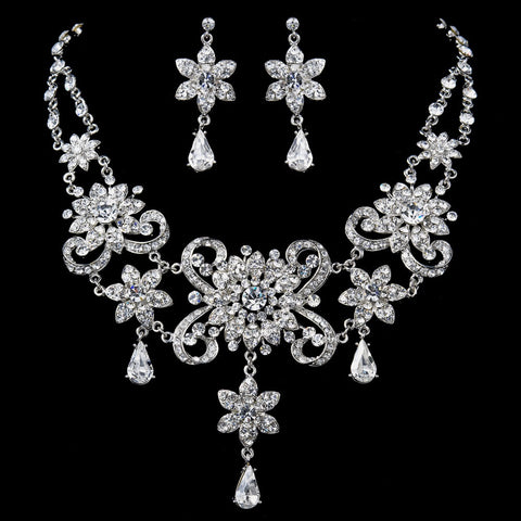 Elegant Vintage Crystal Collar Statement Bridal Wedding Jewelry Set NE 1025