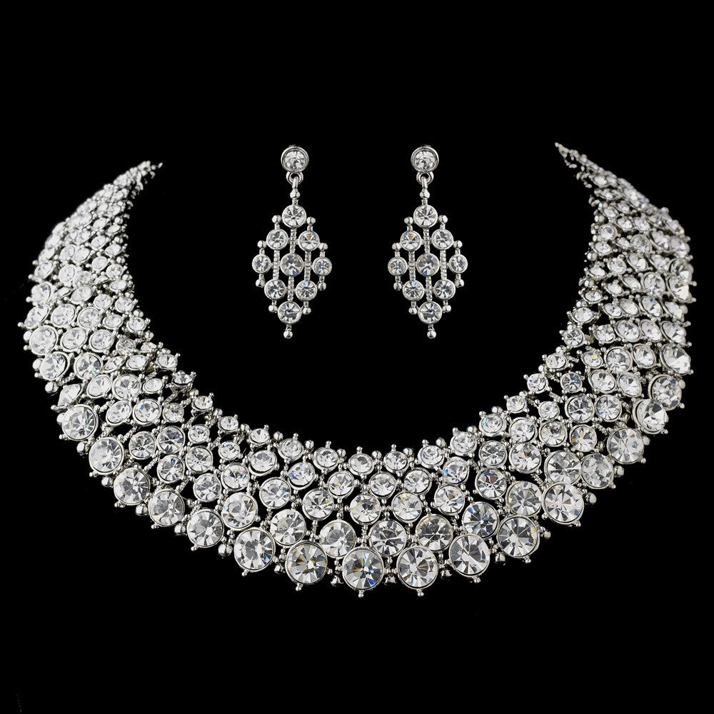 Rhodium Clear Rhinestone Modern Bridal Wedding Jewelry Set 1047