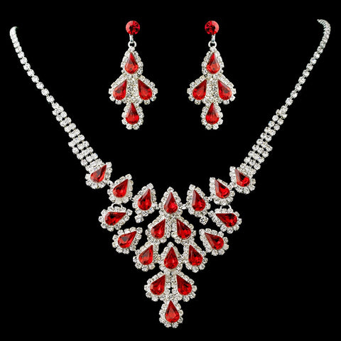 Statement Bridal Wedding Necklace Earring Set 11041 Silver Red