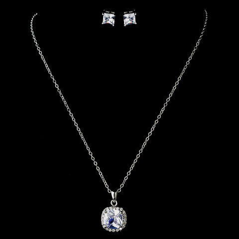 Antique Silver Clear Princess CZ Crystal Necklace & Earrings Bridal Wedding Jewelry Set 11995