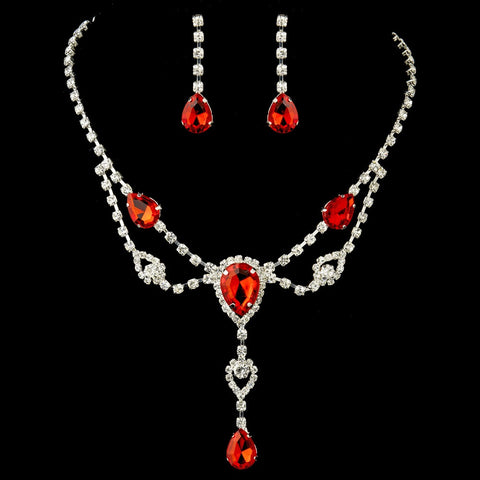 Silver Clear & Red Rhinestone Bridal Wedding Jewelry Set 12054