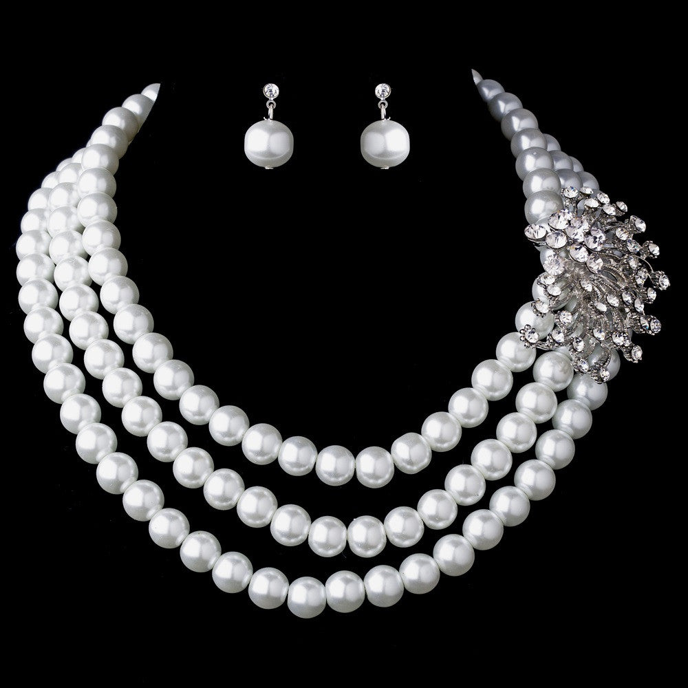 Silver White Bridal Wedding Necklace Earring Set 12508