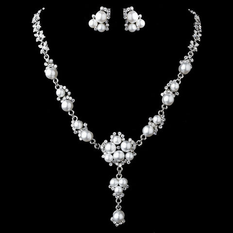 Antique Silver White Pearl Bridal Wedding Necklace & Earring Set 12667