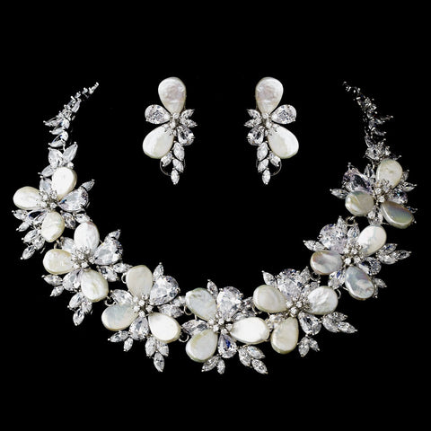Silver CZ & Pearl Bridal Wedding Necklace Earring Set 1268