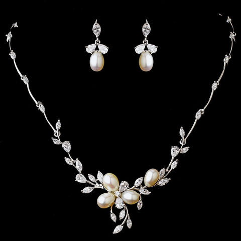 Silver Cubic Zirconia & Pearl Bridal Wedding Necklace Earring Set NE 1269