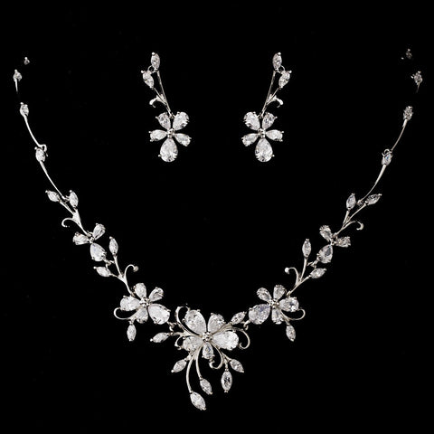 Silver Clear Cubic Zirconia Bridal Wedding Necklace Earring Set 1271