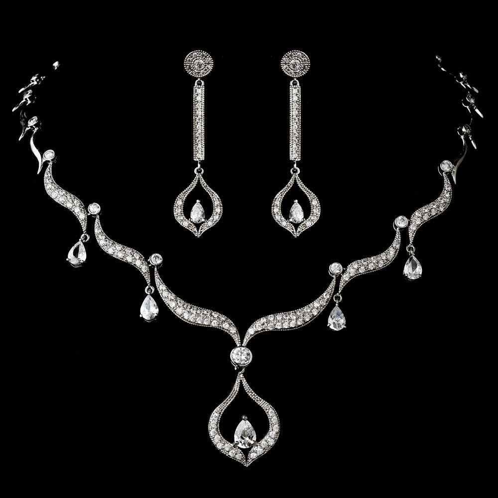Vintage Silver Clear Cubic Zirconia Bridal Wedding Necklace Earring Set 1272