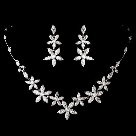 Silver Clear Cubic Zirconia Bridal Wedding Necklace Earring Set 1274