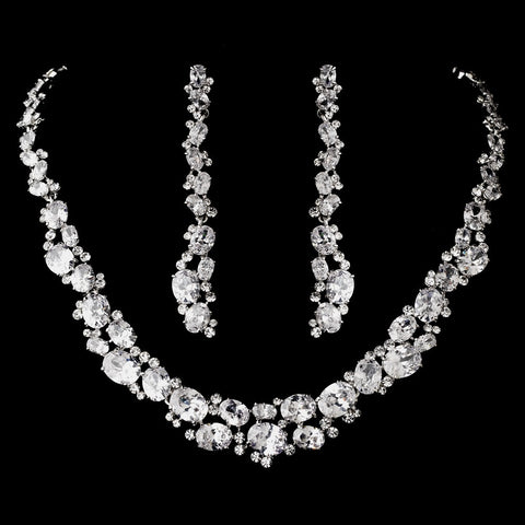 Silver Clear Cubic Zirconia Bridal Wedding Necklace Earring Set 1275