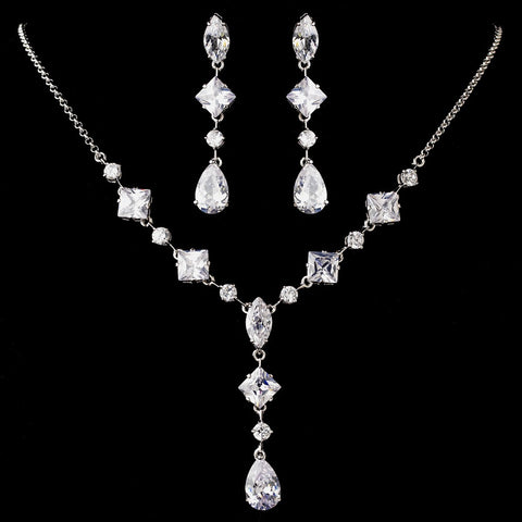 Silver Clear Cubic Zirconia Bridal Wedding Necklace Earring Set 1276