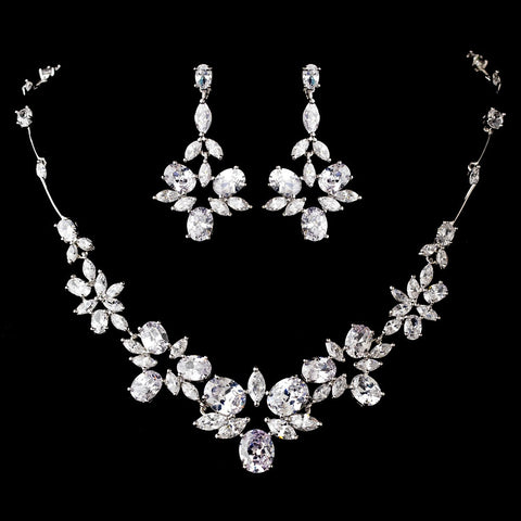 Silver Clear Cubic Zirconia Bridal Wedding Necklace Earring Set 1278