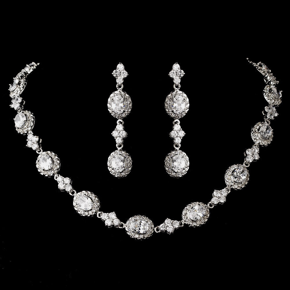 Antique Rhodium Silver Cubic Zirconia Bridal Wedding Necklace Earring Set 1279