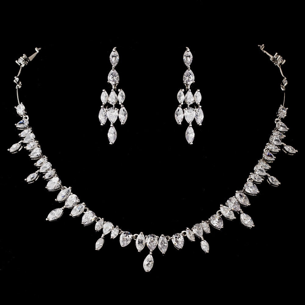 Silver Clear Cubic Zirconia Bridal Wedding Necklace Earring Set 1280