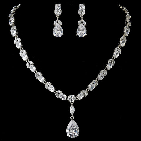 Antique Silver Link Chain w/ Clear CZ Crystal Pendant Bridal Wedding Jewelry Set 1282