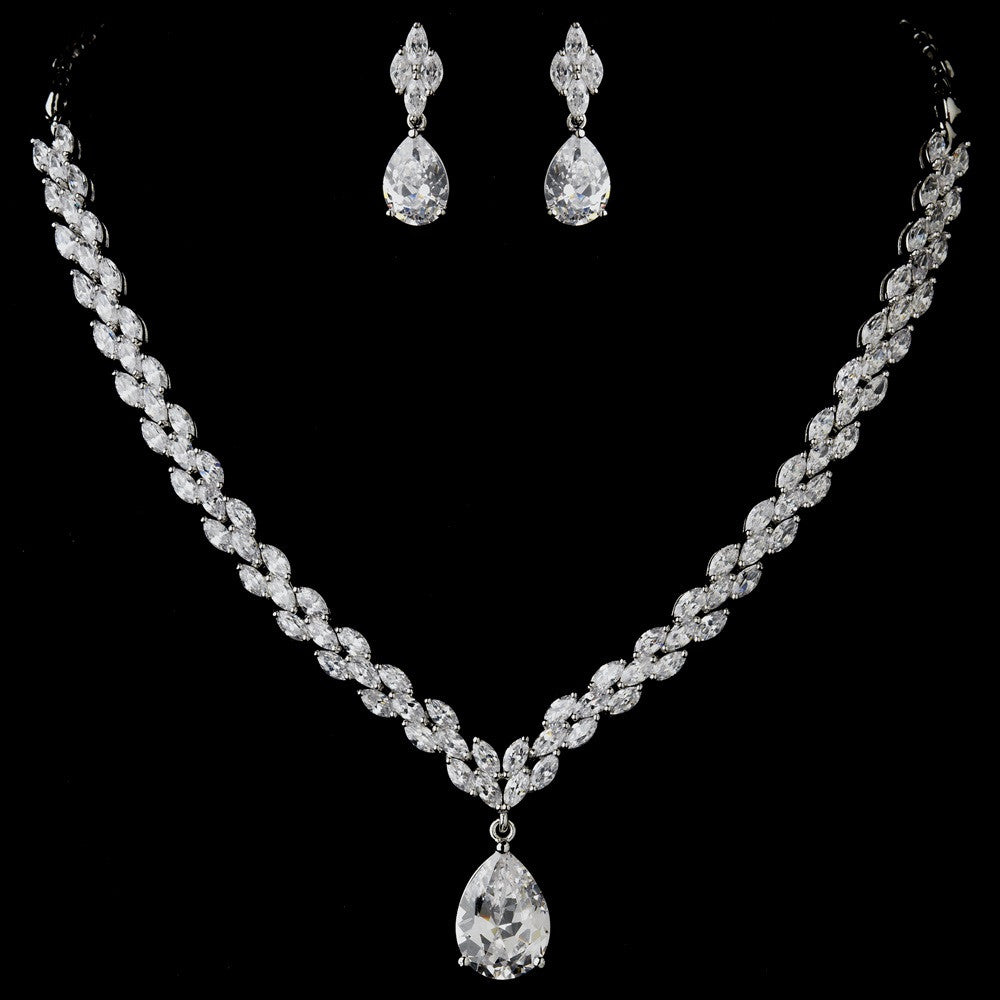 Antique Silver Clear CZ Tear Drop Stone Bridal Wedding Jewelry Set 1285