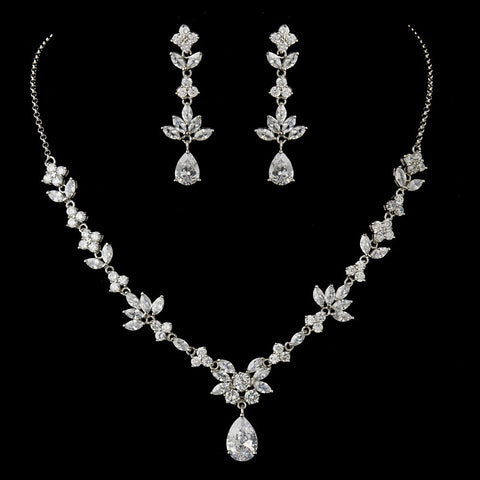 Antique Silver Clear CZ Tear Drop Crystal Bridal Wedding Jewelry Set 1287