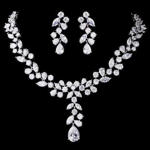 Beautiful Vine CZ Drop Bridal Wedding Necklace & Dangle Earring Set NE 1288 Silver