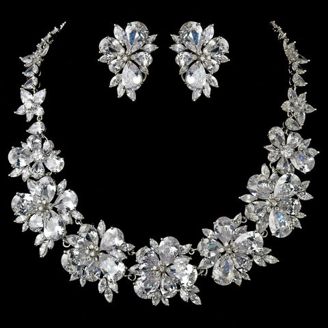 Silver Clear CZ Crystal Tear Drop & Marquise Crystal Bridal Wedding Jewelry Set 1290