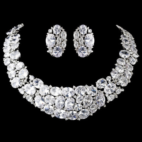 Silver Clear CZ Bridal Wedding Necklace Earring Set 1293