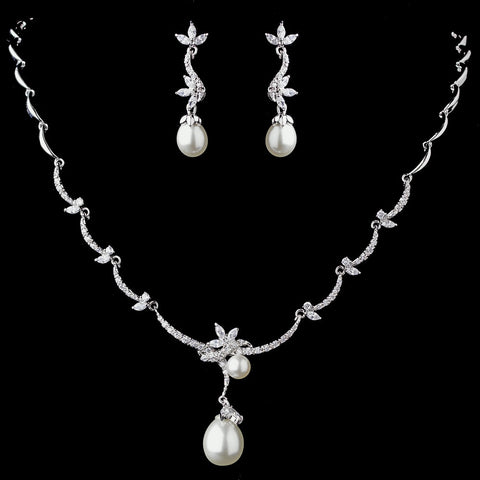 Silver Clear CZ & Pearl Bridal Wedding Necklace & Earring Set 1294