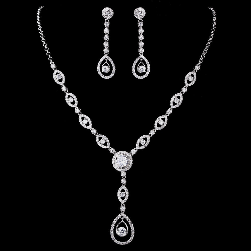 Silver Clear CZ Bridal Wedding Necklace & Earring Set 1295