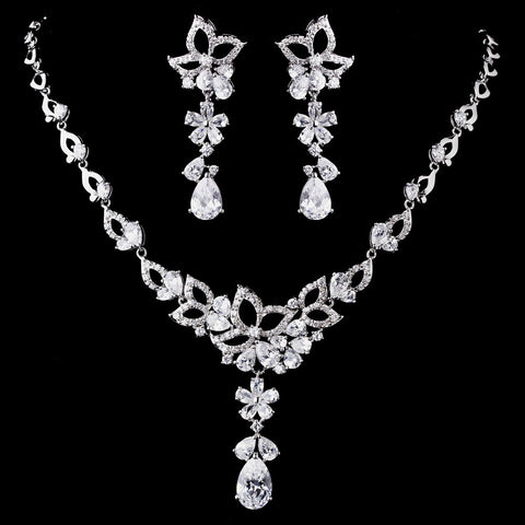 Silver Clear CZ Bridal Wedding Necklace & Earring Set 1296