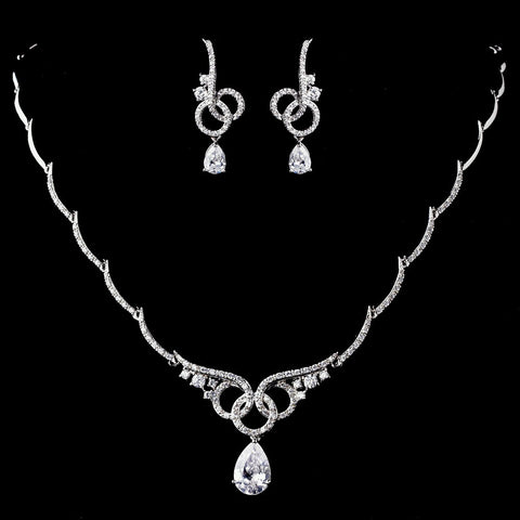 Silver Clear CZ Bridal Wedding Necklace Earring Set 1298