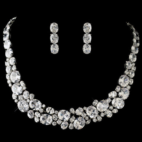 Rhodium Clear Multi Cut CZ Crystal Bridal Wedding Jewelry Set 13044