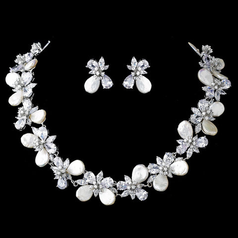 Pearl & CZ Bridal Wedding Necklace Earring Set 1306